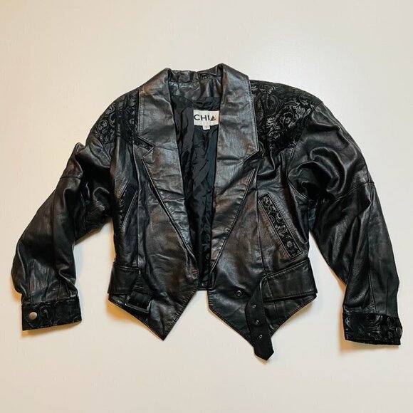 Vintage Chia 100% Leather Cropped Biker Punk Jacket Floral Heavy Metal 80s Small - Picture 1 of 15